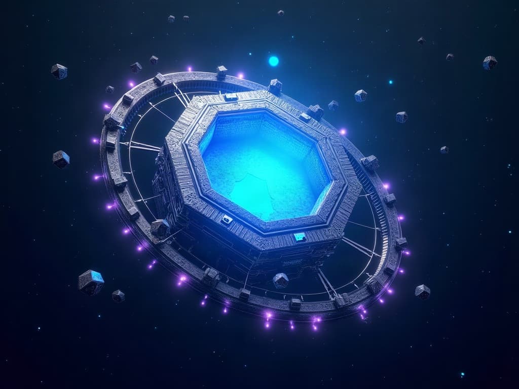 Glowing cyan hexagonal prism floating in dark space with circuit patterns and orbiting fragments