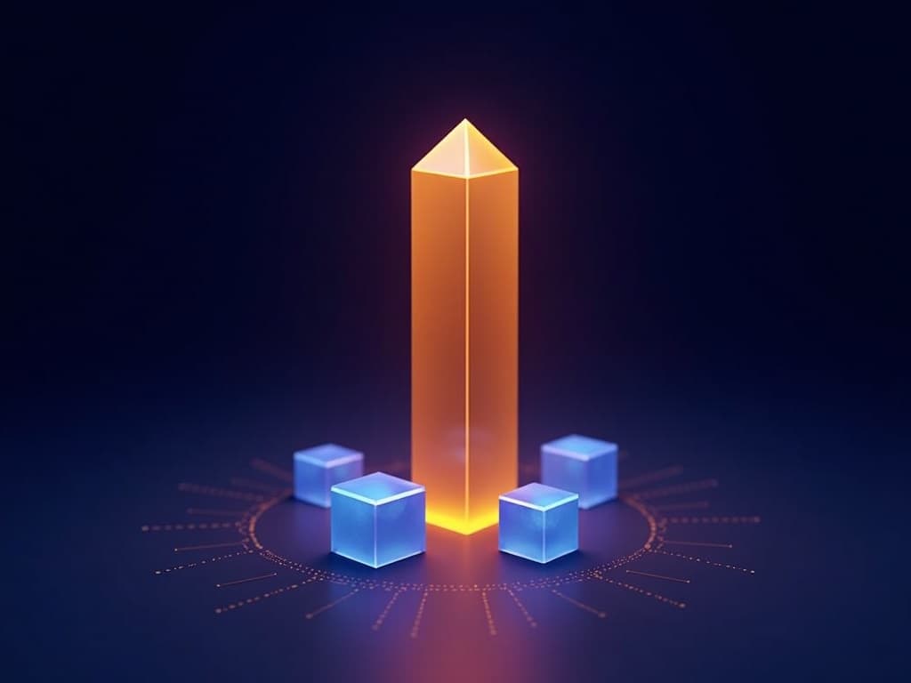 A tall central amber prism dwarfing three small cyan fragments at its base on a dark background