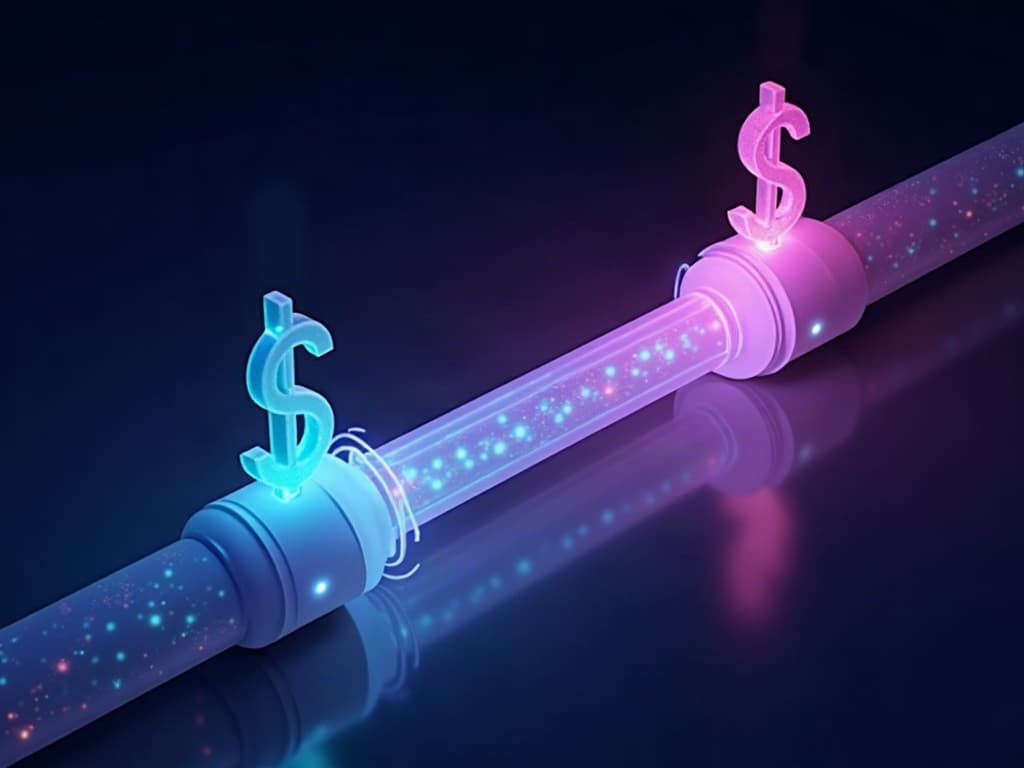 Two infrastructure pipelines merging into a single glowing token routing junction node