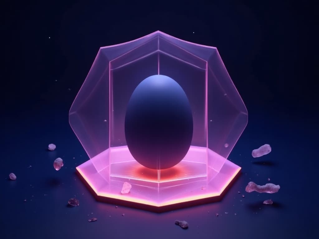 A central sculptural mass surrounded by orbiting crystalline fragments in a hexagonal frame on dark navy background