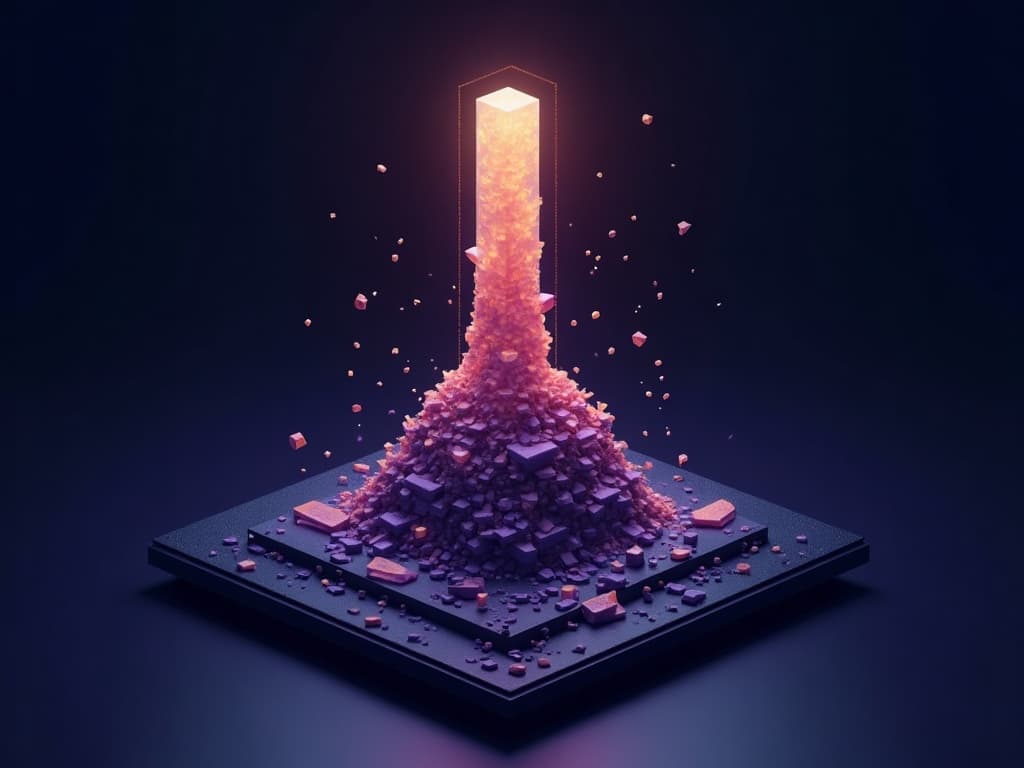 Fragmented irregular mass at base converging upward into a single ordered crystalline tower
