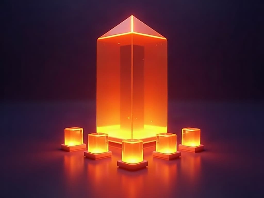 One large amber prism towering above five smaller prisms in a navy environment