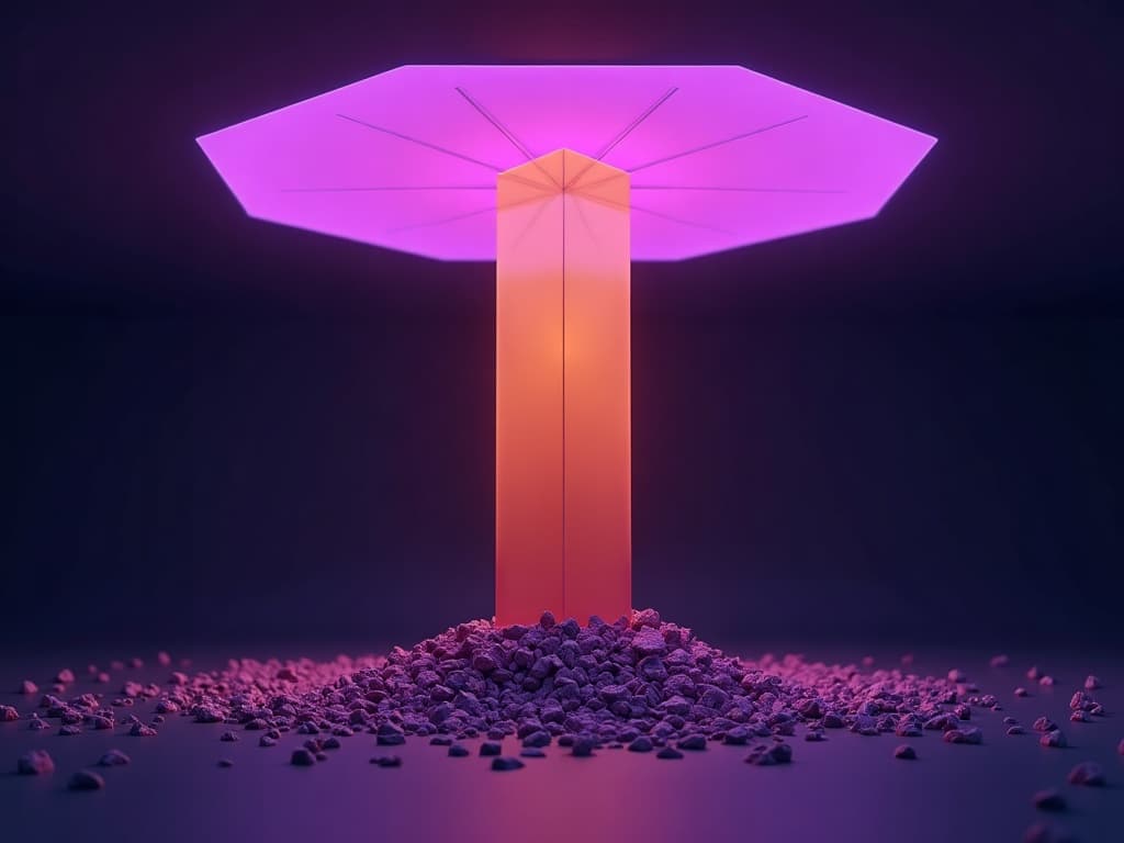 A tall amber prism being crushed by a massive descending purple ceiling slab above a field of compressed fragments