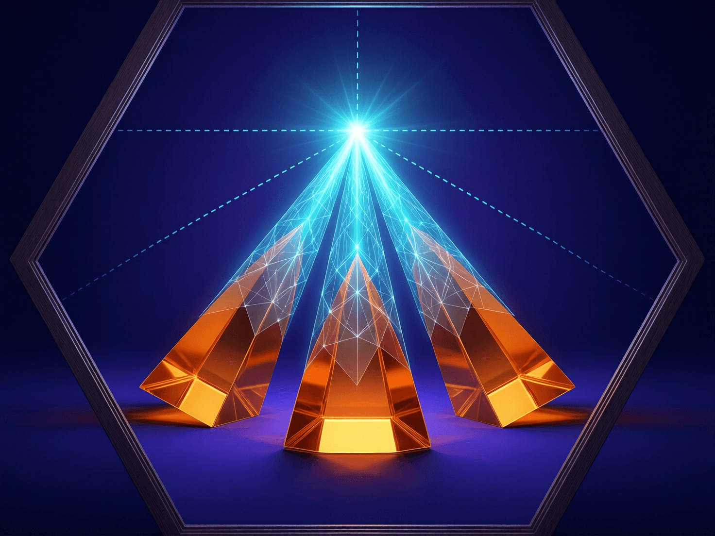 Three amber prisms converging at a glowing apex point on a dark surface