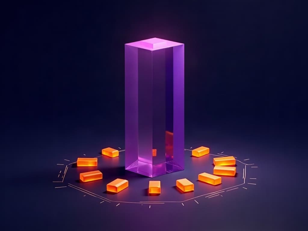 A tall central prism dwarfing scattered smaller fragments below it on dark background