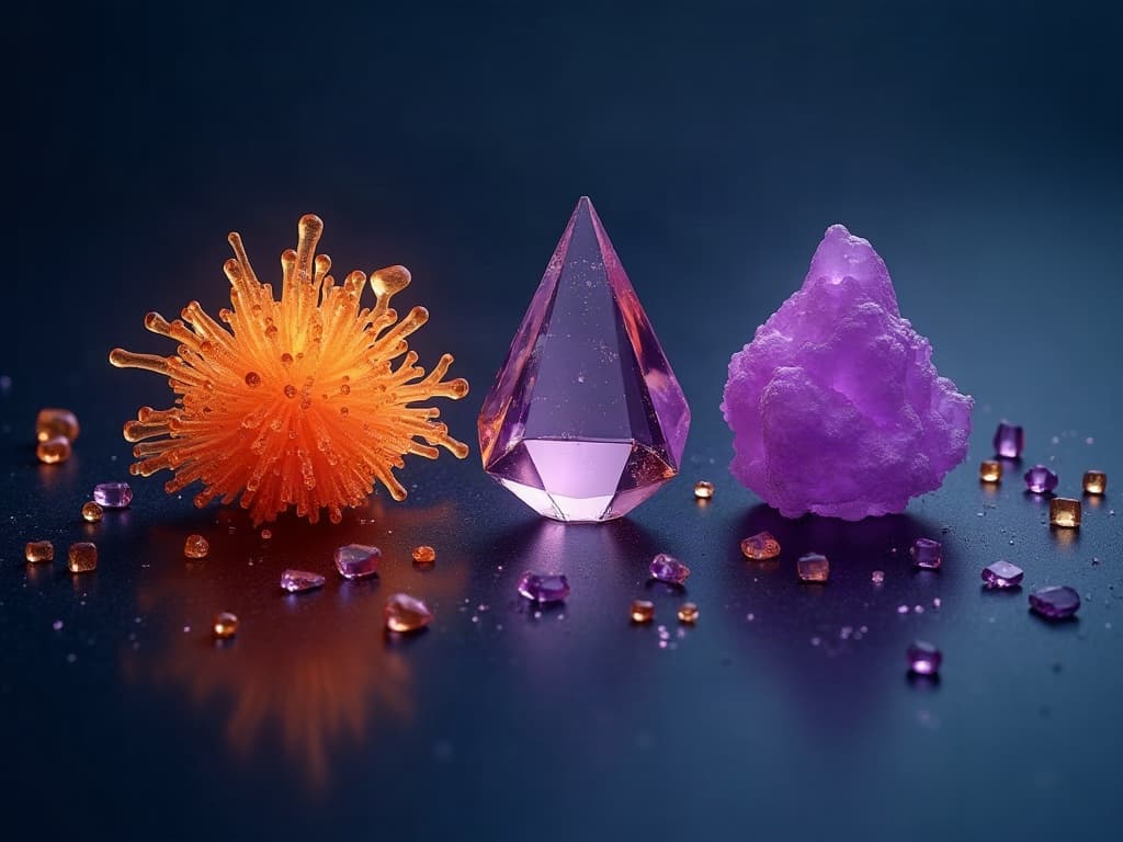 Three prism clusters showing noise, structural void, and ambiguous identical forms on dark surface