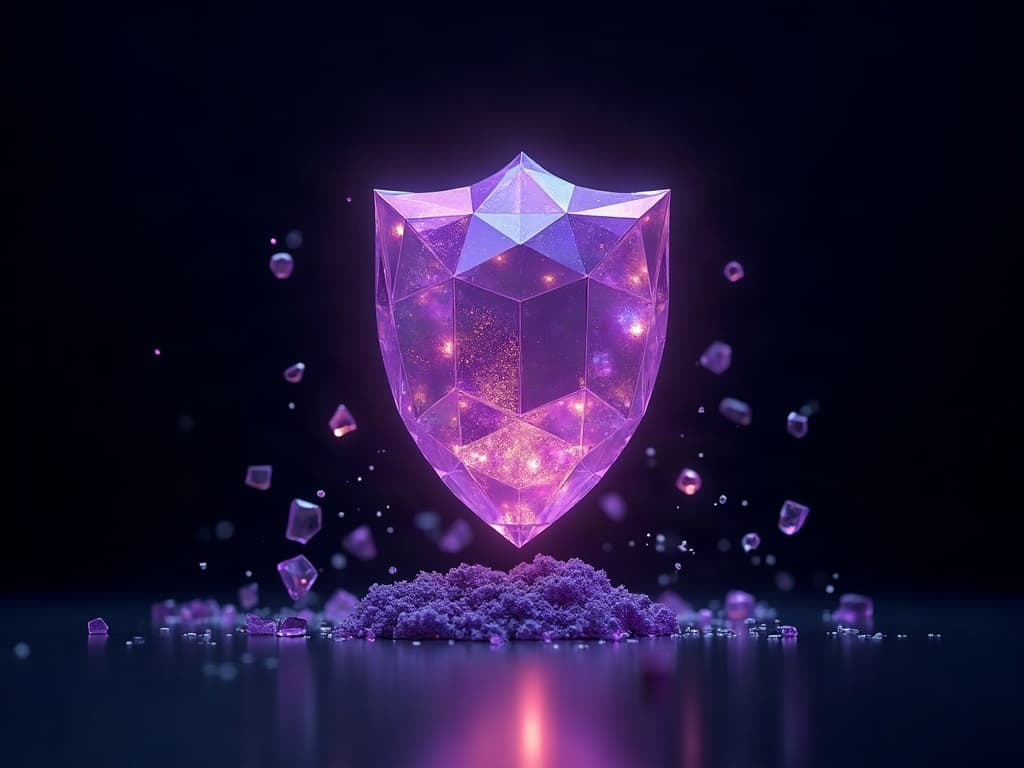 Purple crystal shield structure hovering above dark surface with glowing circuit fragments around it
