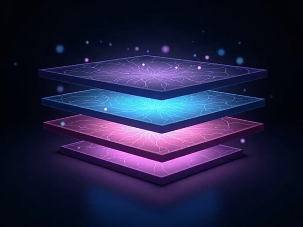 Layered cross-section diagram of a novel encoder-decoder neural architecture in purple and cyan