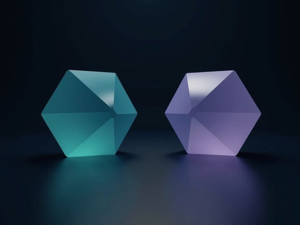 Two equal hexagonal prisms in teal and violet representing competing AI model releases being compared