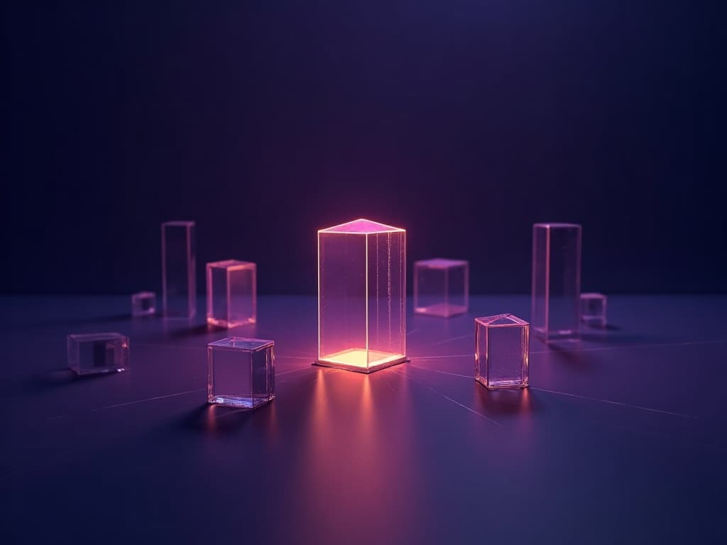 A central hexagonal prism surrounded by smaller floating prisms connected by dashed reference lines on dark background