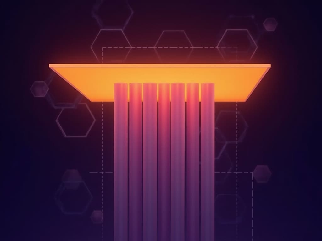 A flat slab ceiling blocking dozens of rising columns compressed beneath it on dark background