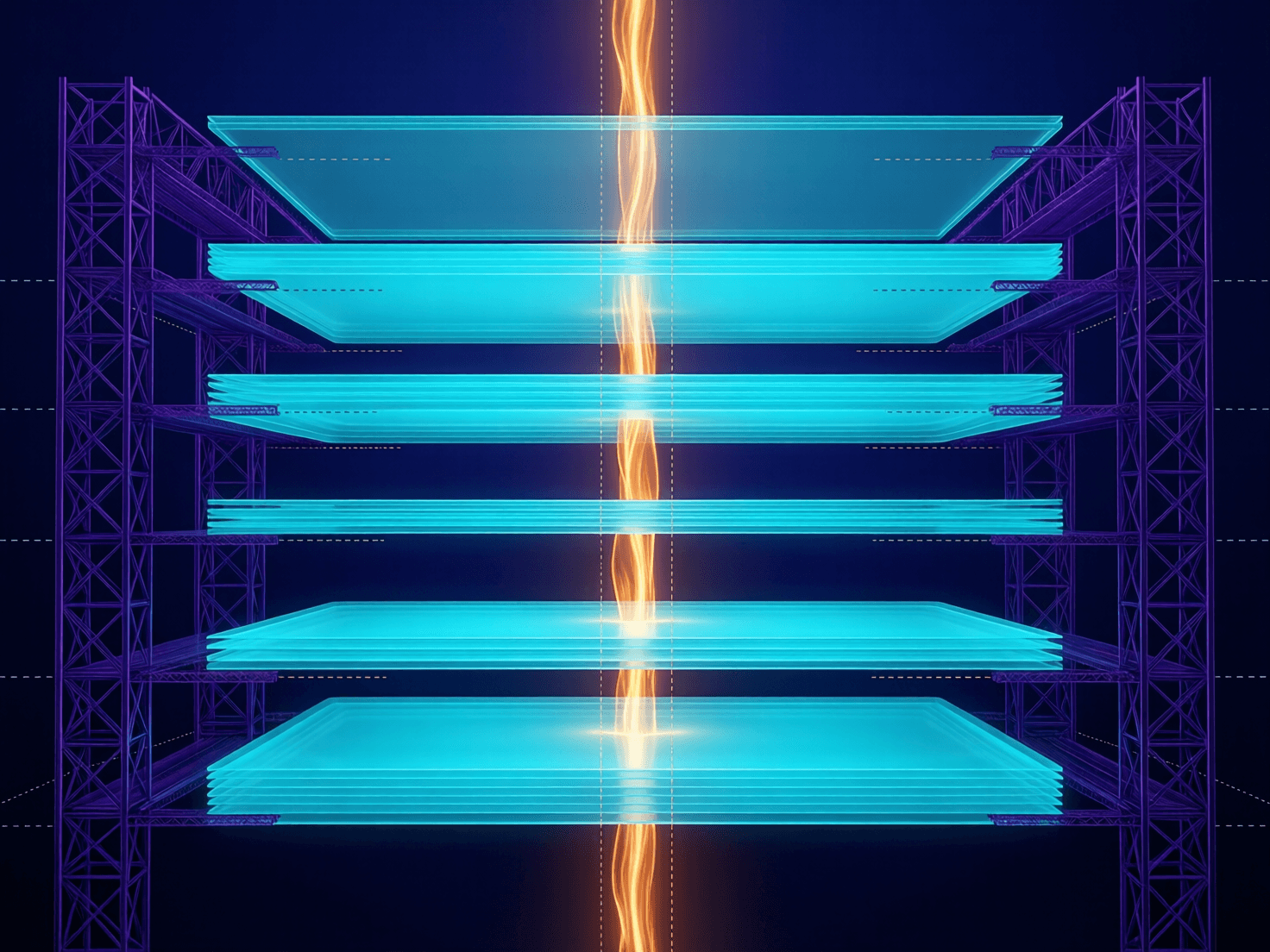 Six compressed translucent strata with an amber current threading vertically through each layer