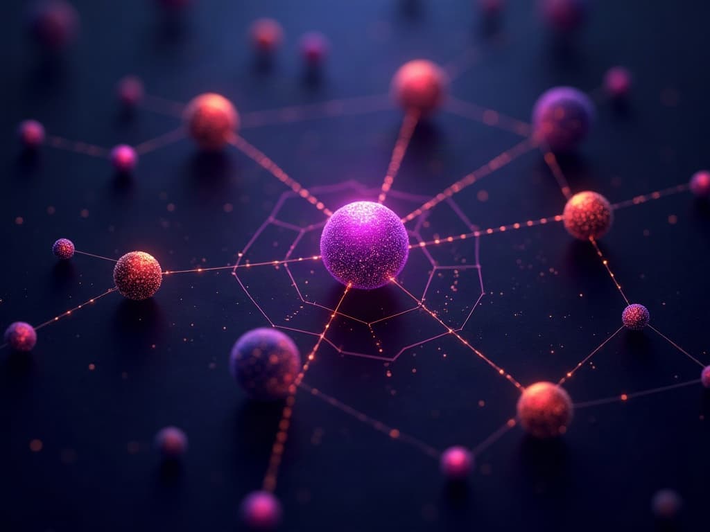 Dense interconnected lattice of hexagonal nodes with a dominant central hub casting shadow over surrounding satellite forms