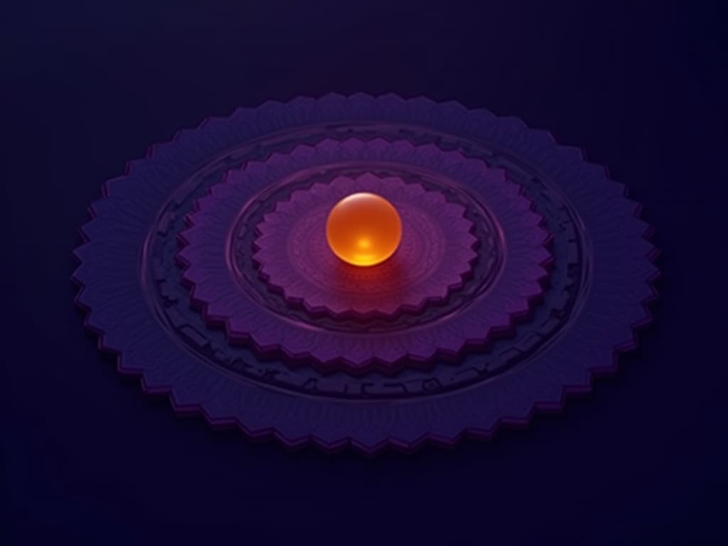 Amber sphere radiating three expanding rings of purple hexagonal prisms in layered composition