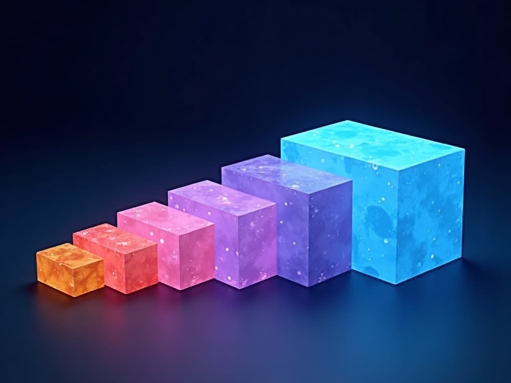 Five horizontal slabs progressing from rough amber fragments to a smooth crystalline purple plane