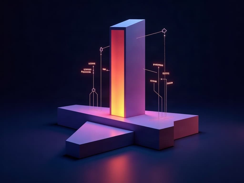 Three geometric slabs converging at a shared intersection point on dark background