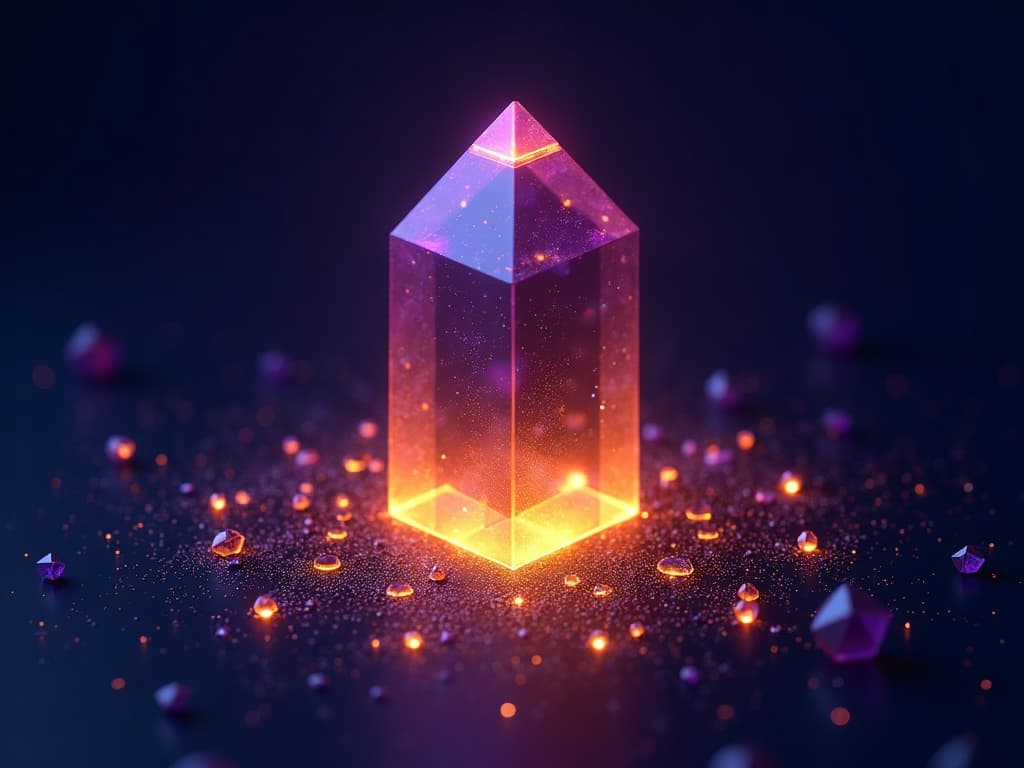 Large central purple prism eclipsing a wide field of smaller amber fragments converging from below