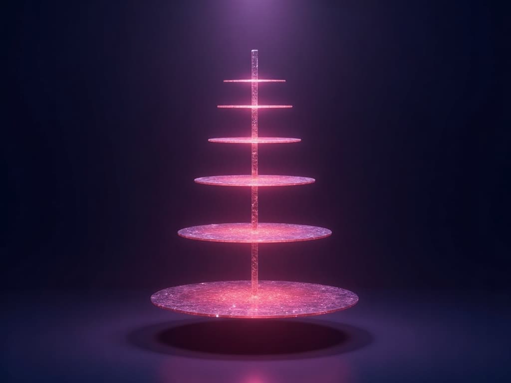 Purple vertical spine with five amber platform tiers growing larger toward the top