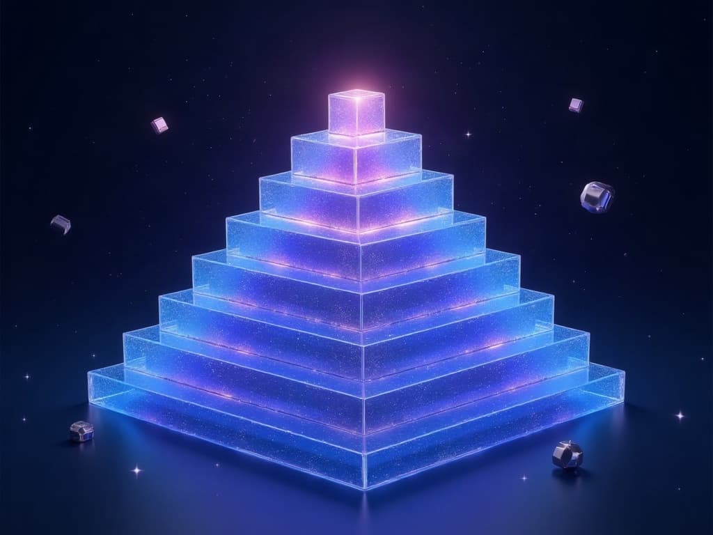 Translucent glowing stepped pyramid floating in space surrounded by orbiting data cubes