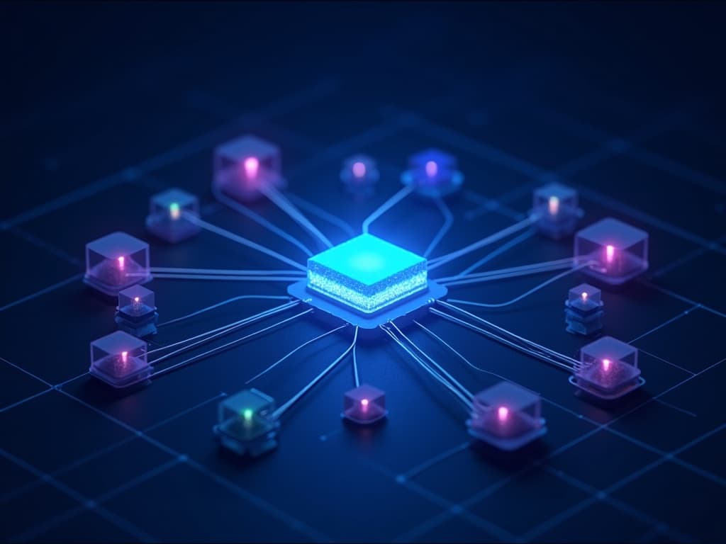 Central node connected to a radial cluster of compute sandbox cubes representing elastic agent infrastructure