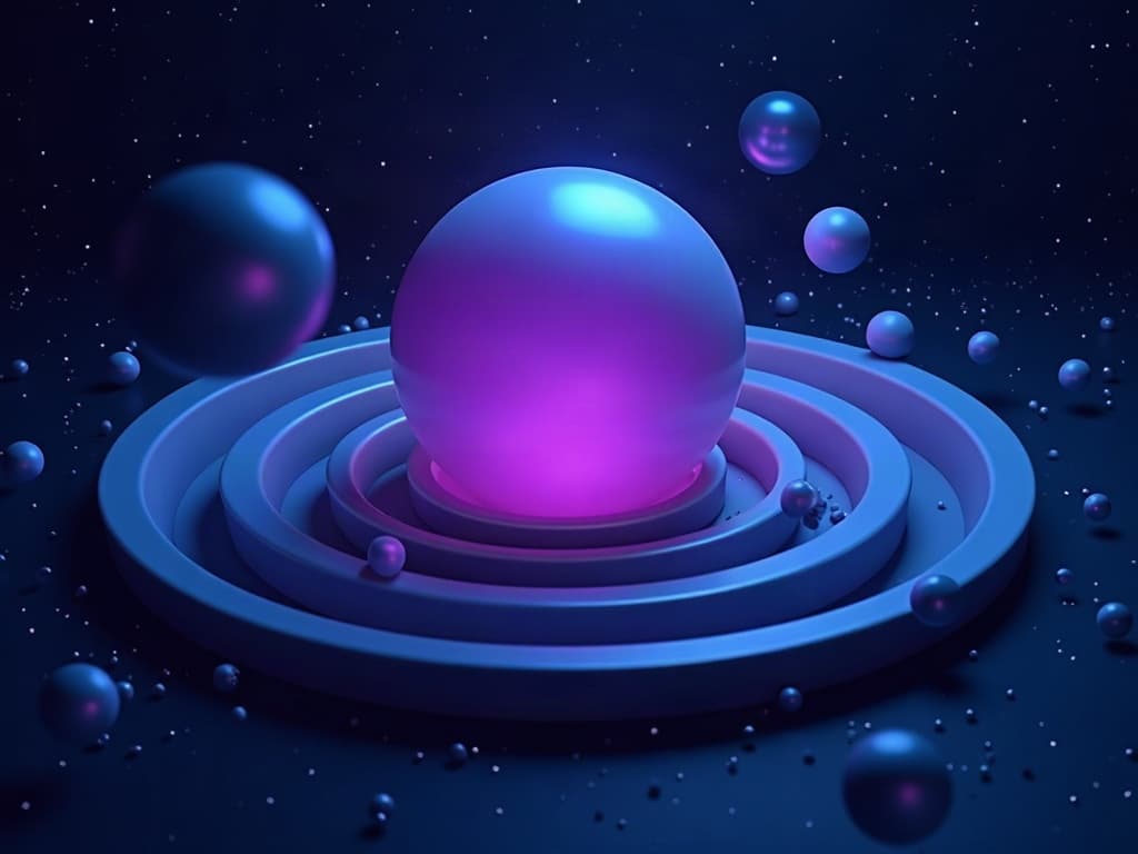 Large glowing central mass pulling smaller spheres inward representing compute gravity consolidation