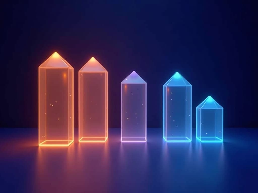Three tall amber stress prisms dwarfing two short cyan low-stress prisms across a dark floor