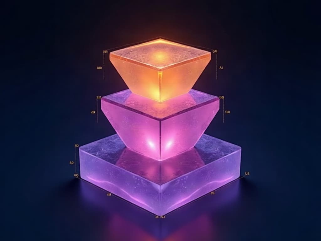 Three stacked crystalline strata with a massive hidden base beneath a small visible tip
