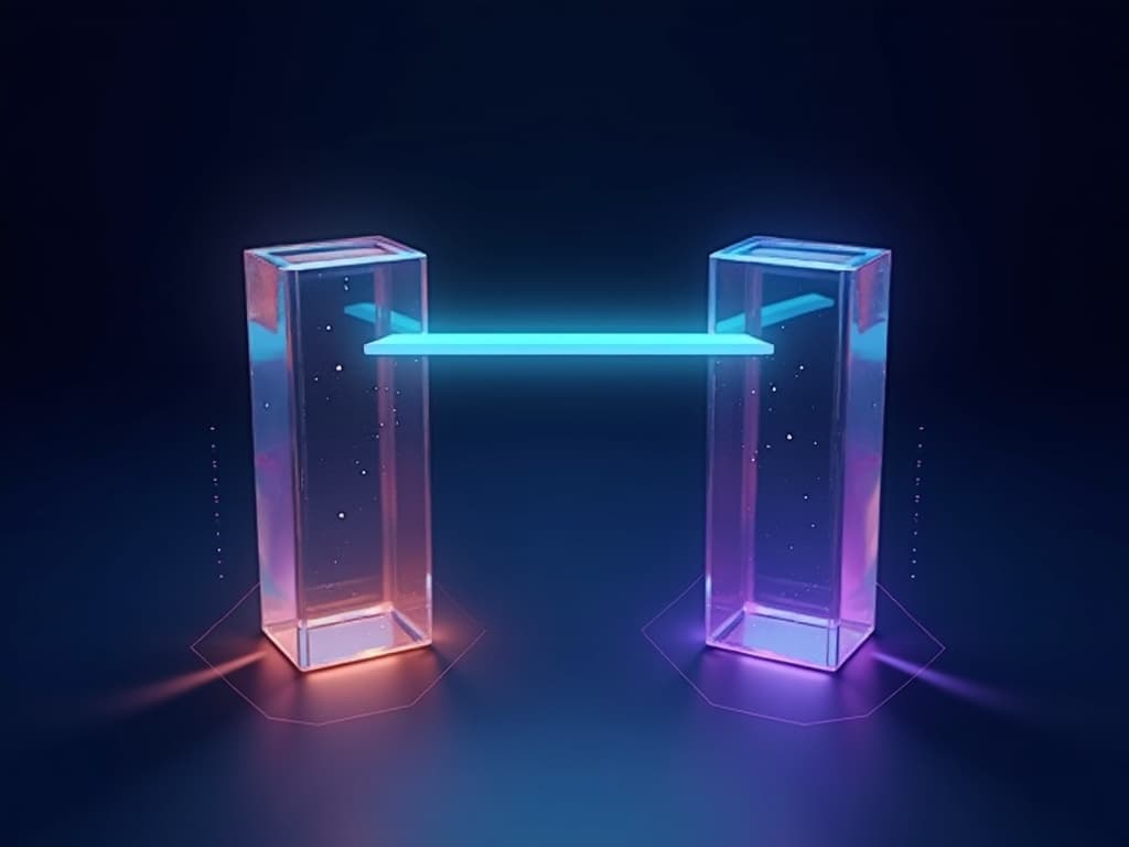 Two equal prisms connected by a glowing arc bridge over a reflective navy surface