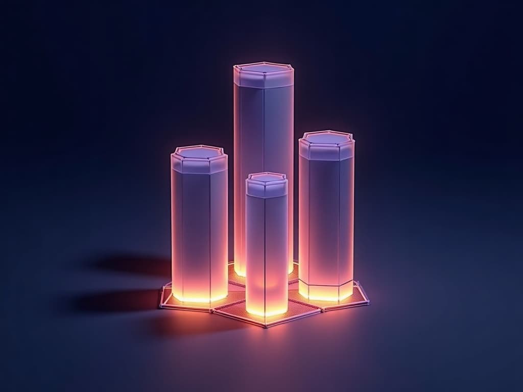 Four glowing columns of varying height converging around a central taller form representing human-AI collaboration architecture