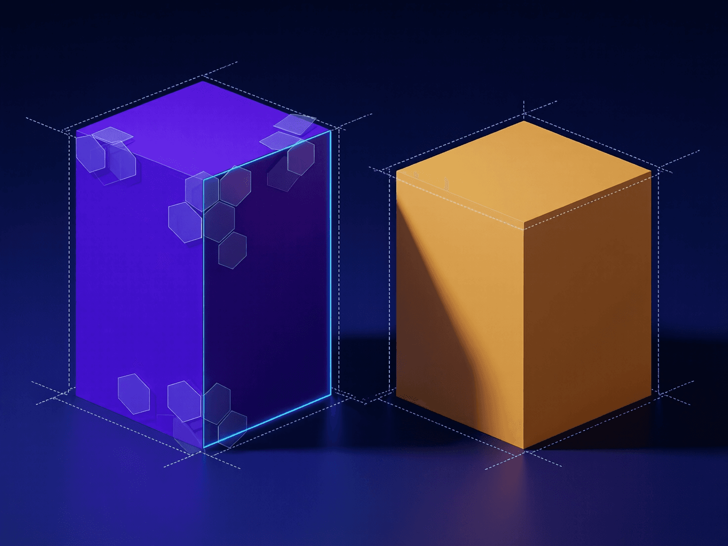 A tall dense cube and a wide shallow slab of equal volume casting shadows toward a central void