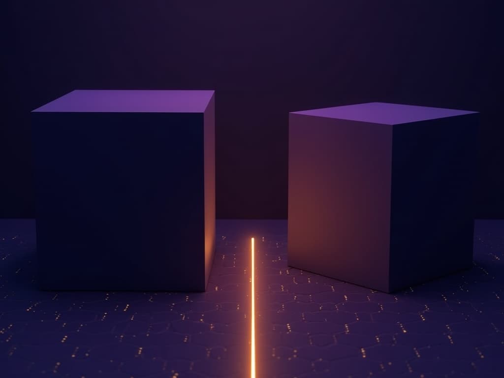 Two asymmetric geometric masses flanking a lit central void connected by dashed reference lines