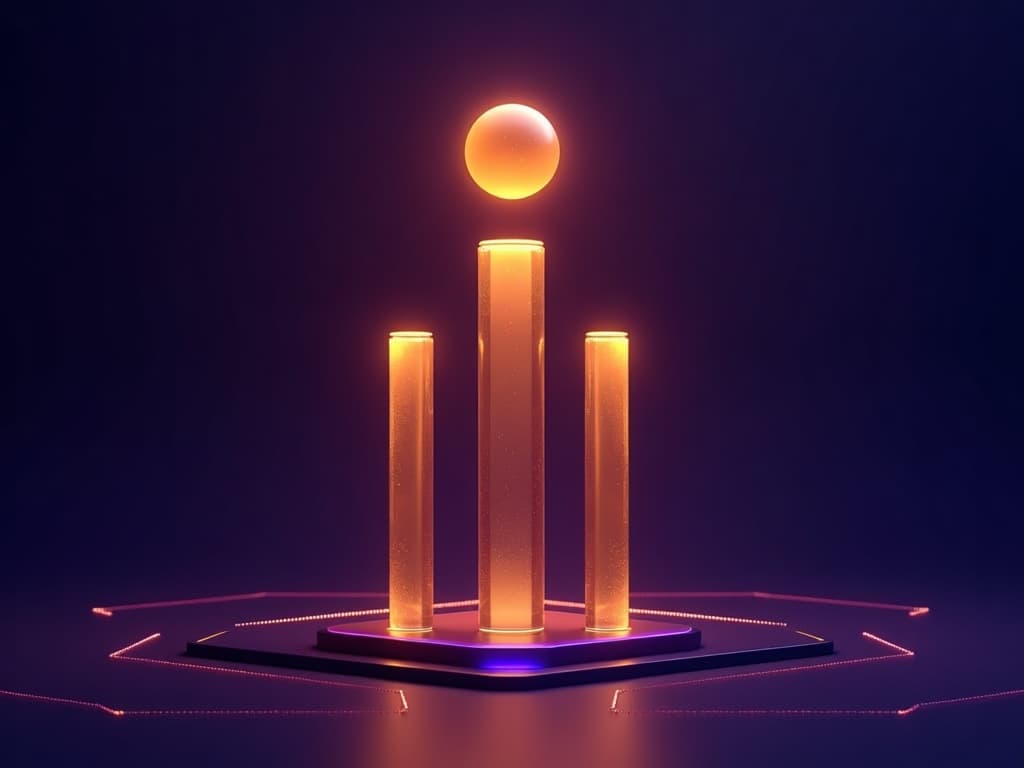 Three amber towers radiating arcs that converge upward into a single elevated glowing sphere