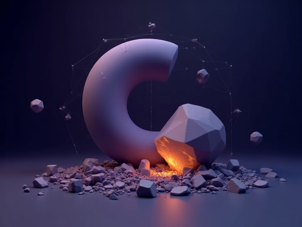 Two asymmetric sculptural masses showing one fully formed and one still assembling from geometric fragments