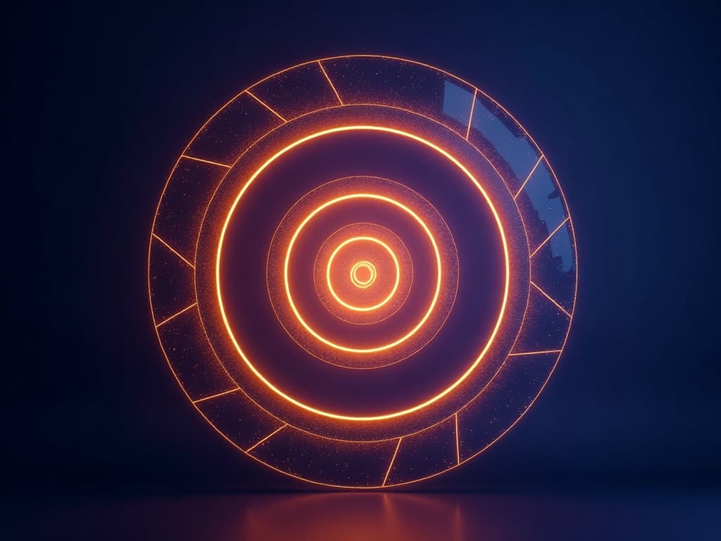 Concentric geometric rings expanding outward from dense amber core into luminous purple outer arc