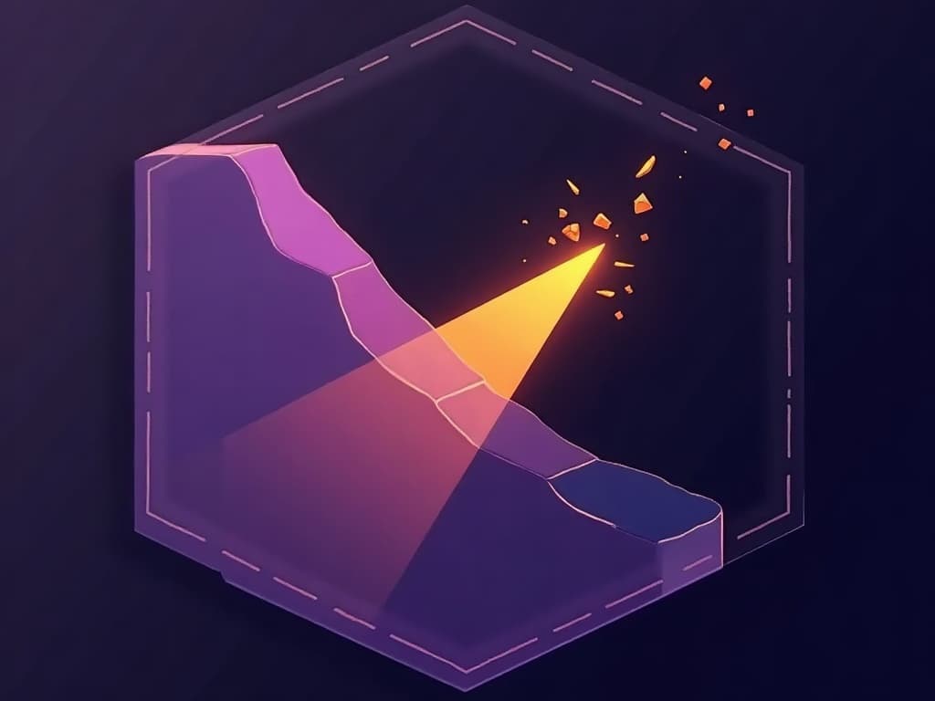 An amber wedge rising and eclipsing the left side of a large purple monolithic slab with scattered shards above
