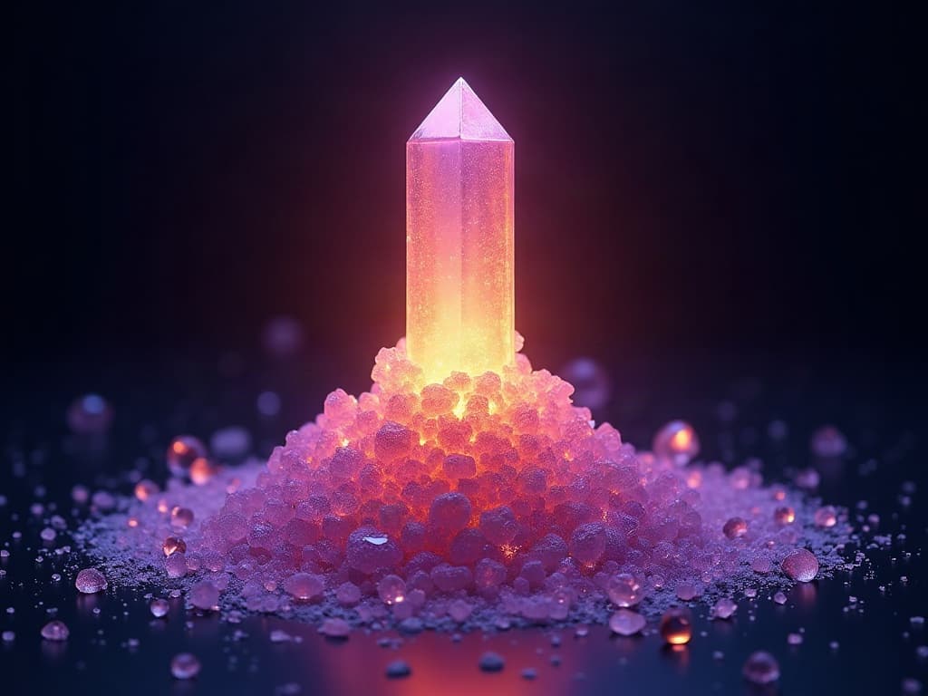 Scattered crystalline fragments converging upward into a single luminous apex prism