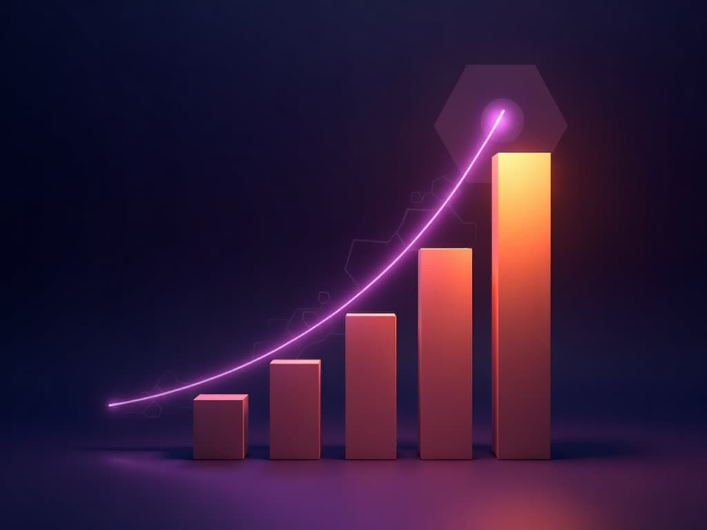 Five amber towers of increasing height with a purple arc bridging shortest to tallest