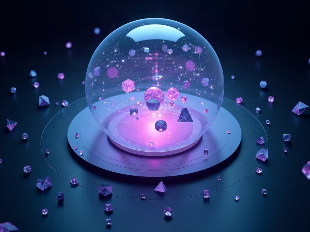 Translucent layered simulation dome containing abstract geometric agents on glowing trajectories