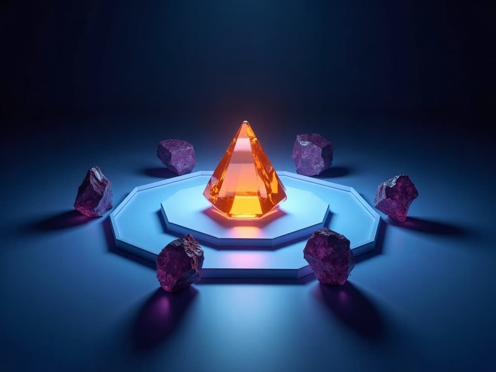 A central amber prism radiating outward with seven orbiting crystal fragments symbolizing active investment in human potential
