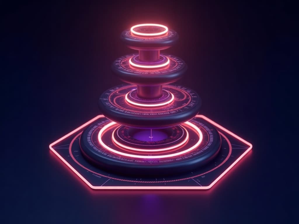 Five concentric rings in a vertical helix accumulating size and amber light as they ascend on dark background