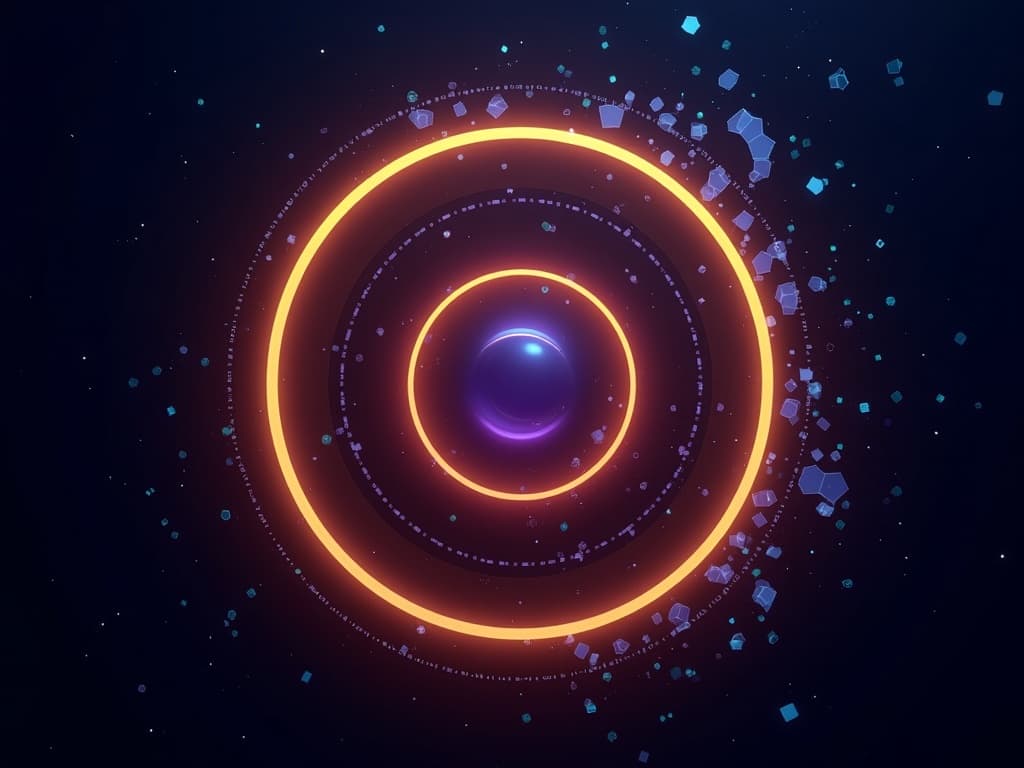 Five concentric amber rings radiating from a glowing purple core with fragmenting outer edges