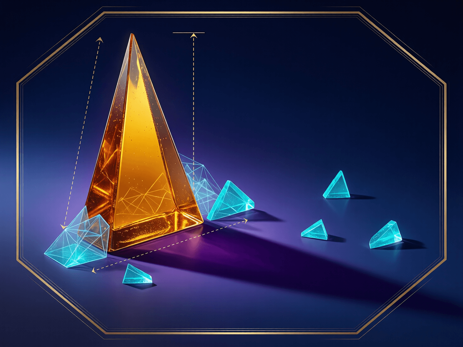 A large amber wedge dwarfing five small cyan fragments on a dark navy surface