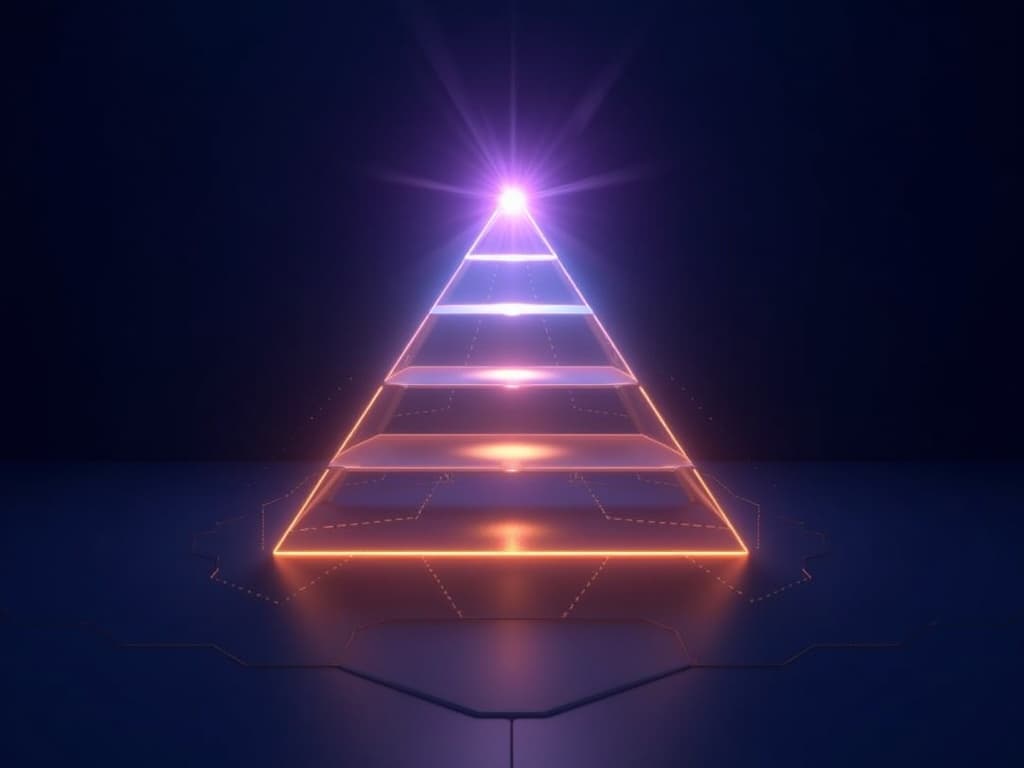 A wide base narrowing to a glowing cyan apex with six ascending amber-to-cyan strata layers