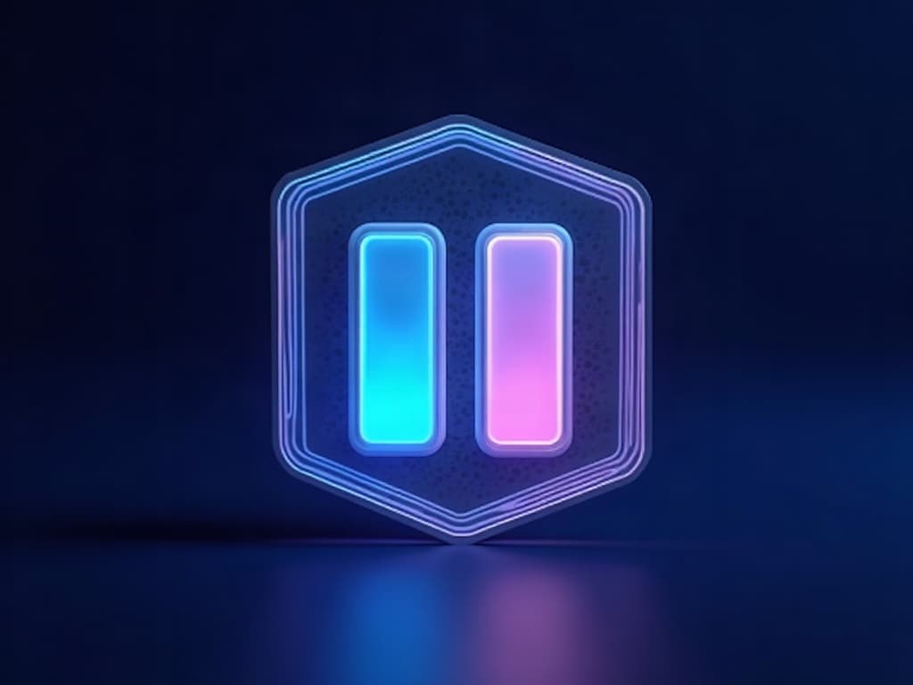Glowing paused progress bar surrounded by a protective hexagonal shield in purple and cyan