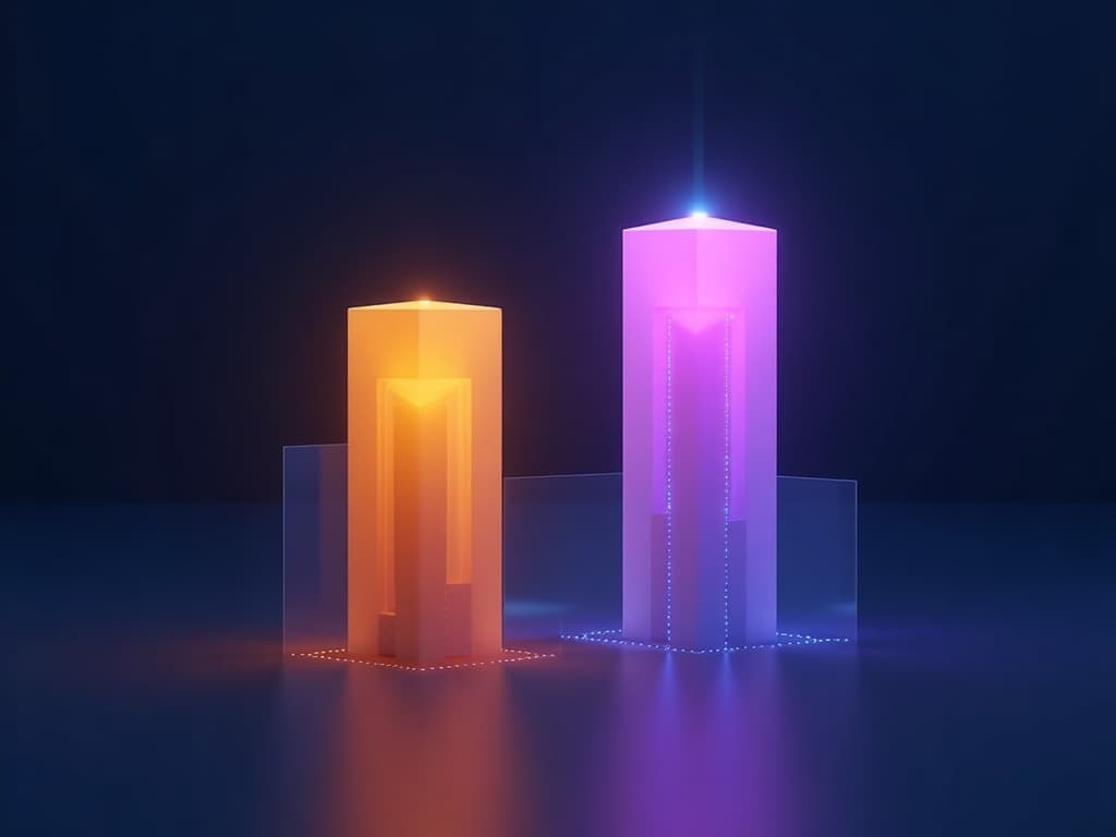 Two geometric towers of different heights rising from a shared baseline toward a luminous apex