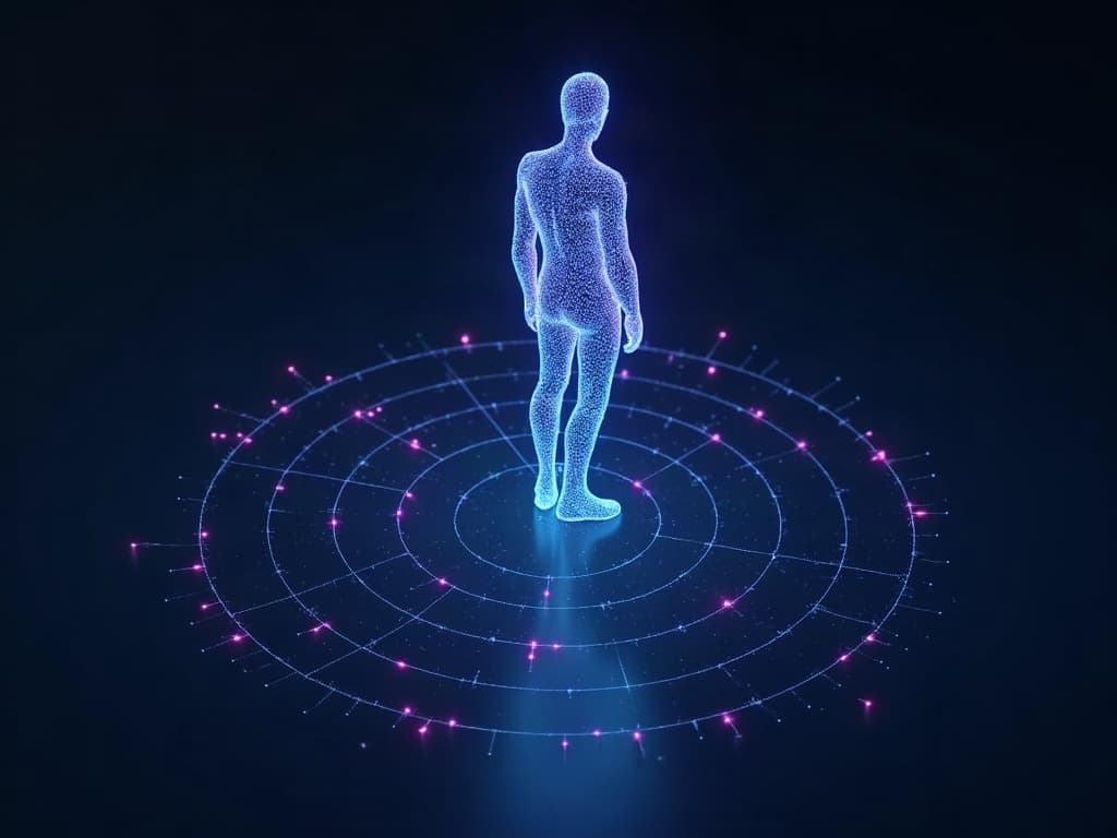 Network silhouette of an engineer embedded at the center of a client operations diagram