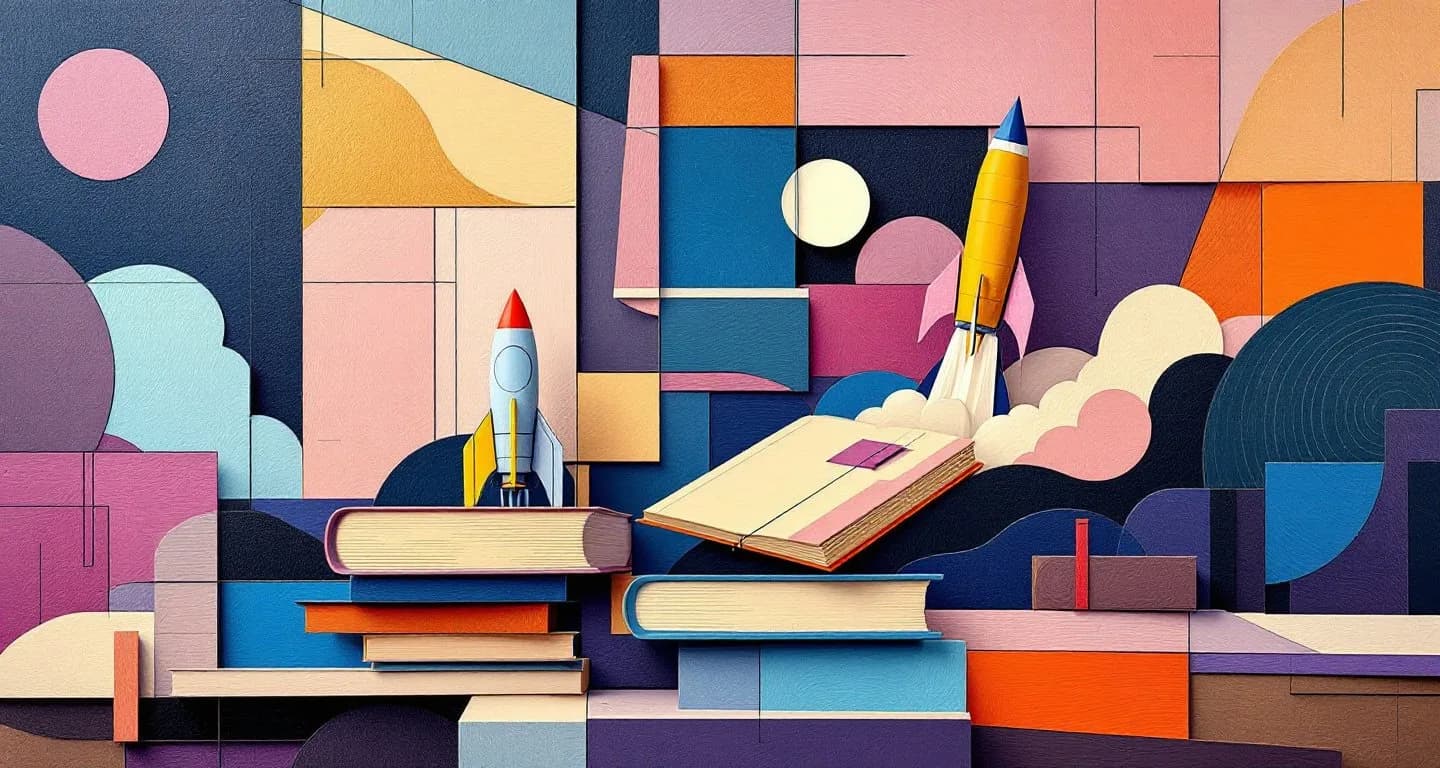 Cubist still life of a paper rocket on a launch pad of stacked books