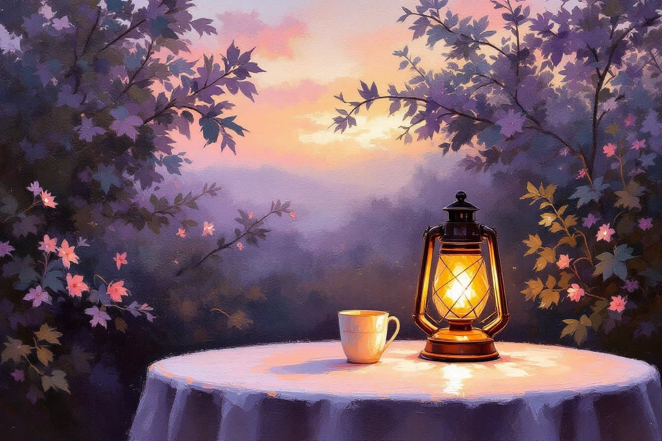 Impressionist painting of a single lantern glowing on a garden table at dusk