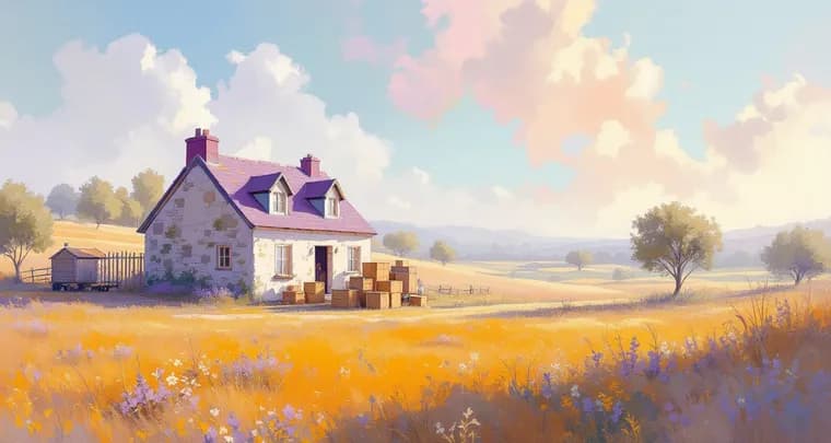Impressionist meadow with a loaded cart moving from a small cottage to a new stone house