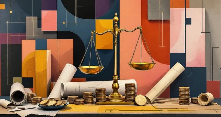 Cubist still life of a balance scale weighing coins against building blocks and blueprints